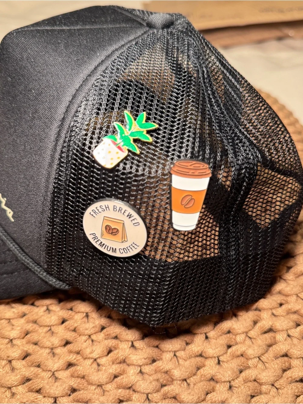 Unisex Black Trucker Cap with Flavia Coffee Logo and 3 Decorative Pins
